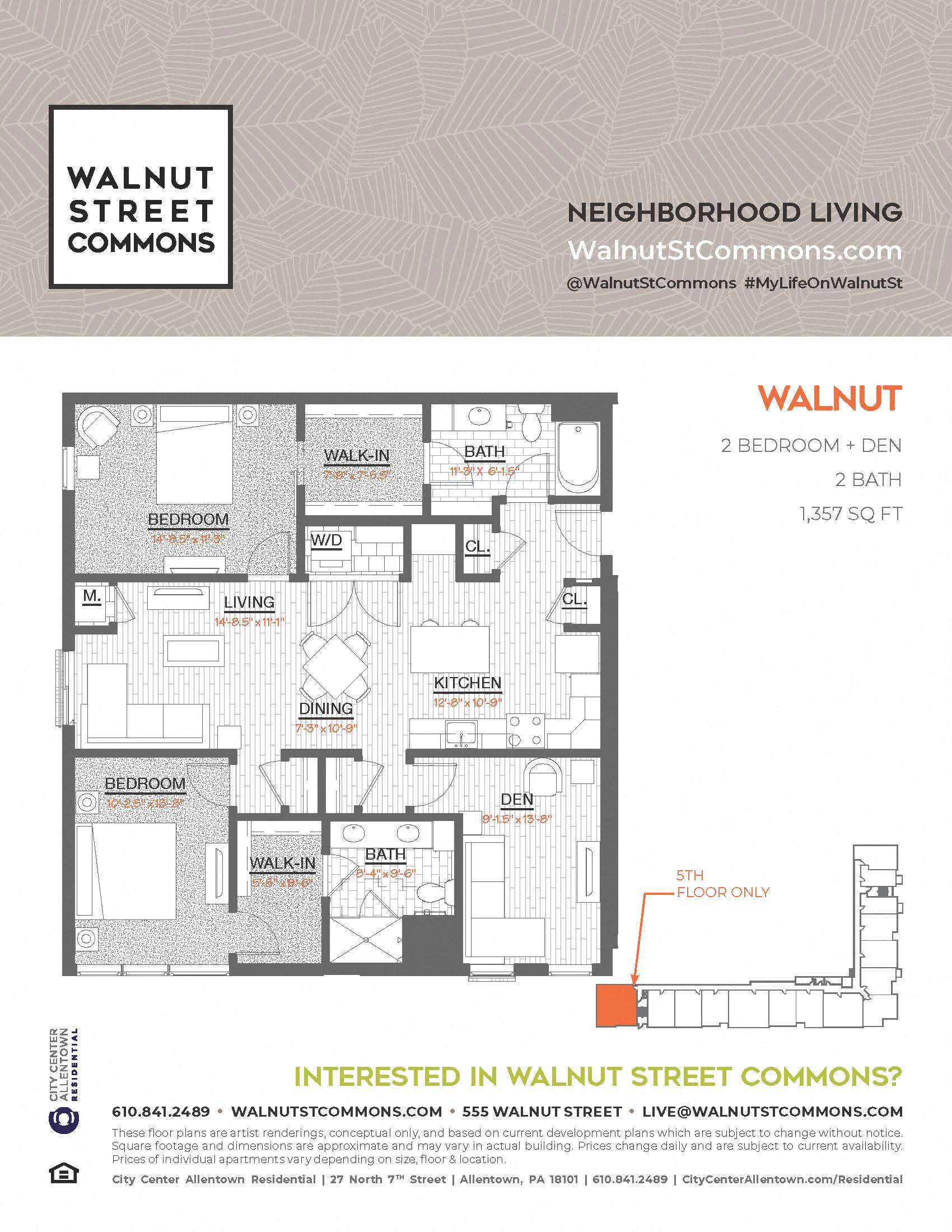 Floor plan for 2 beds, 2 baths, 1357 sqft